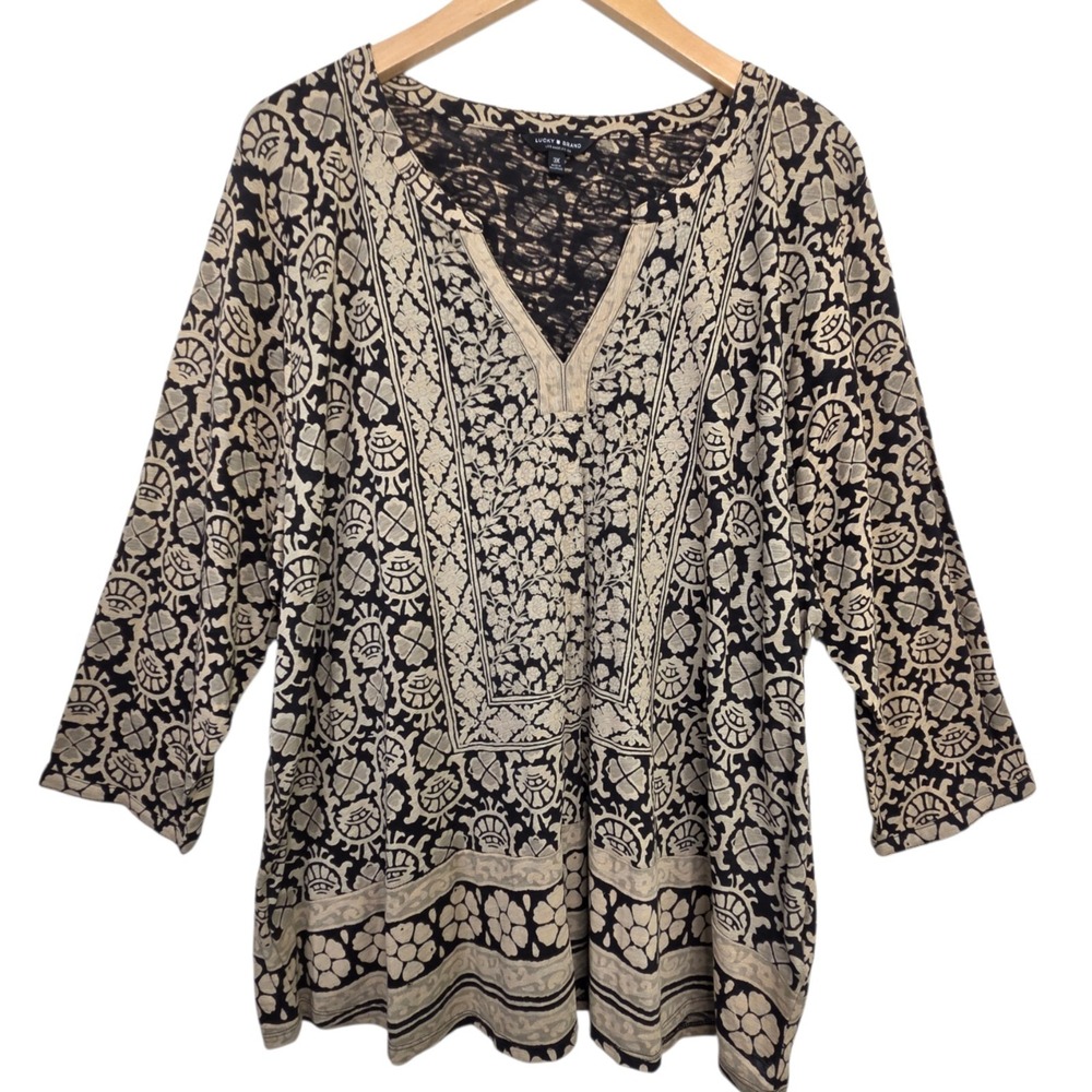 Lucky Brand Womens Tan Black Tunic Top Plus SZ 3X Flowy Pull Over Artisan Boho